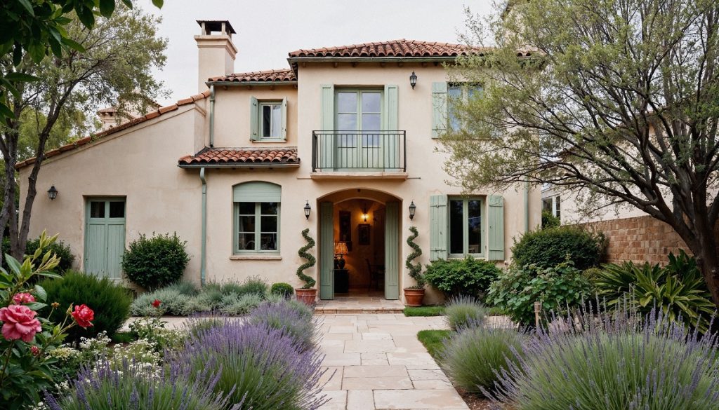 mediterranean-style home with a concrete front walkway surrounded by shrubs and flowers