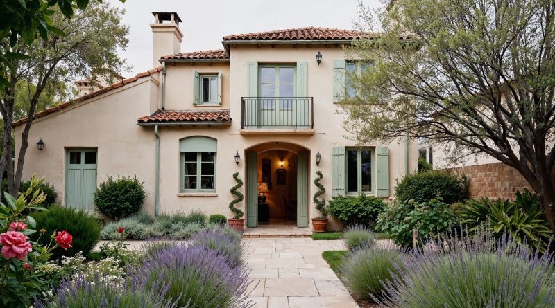 mediterranean-style home with a concrete front walkway surrounded by shrubs and flowers