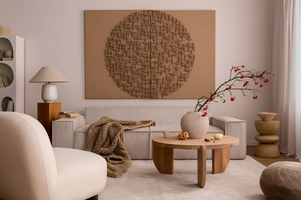 japandi living room with a beige sala set and a wooden coffee table