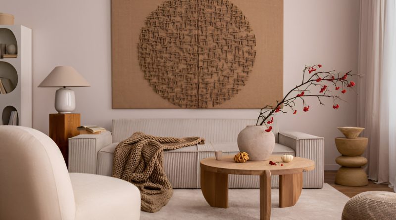 japandi living room with a beige sala set and a wooden coffee table