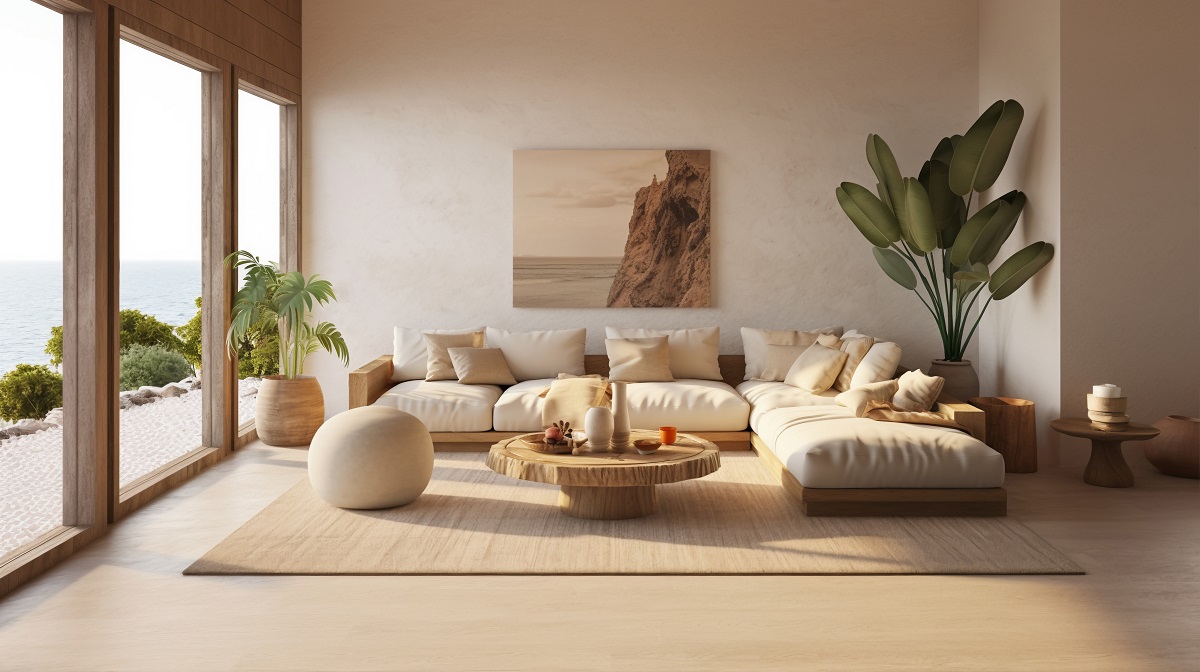 Japandi living room with a low-slung sofa, overlooking the sea